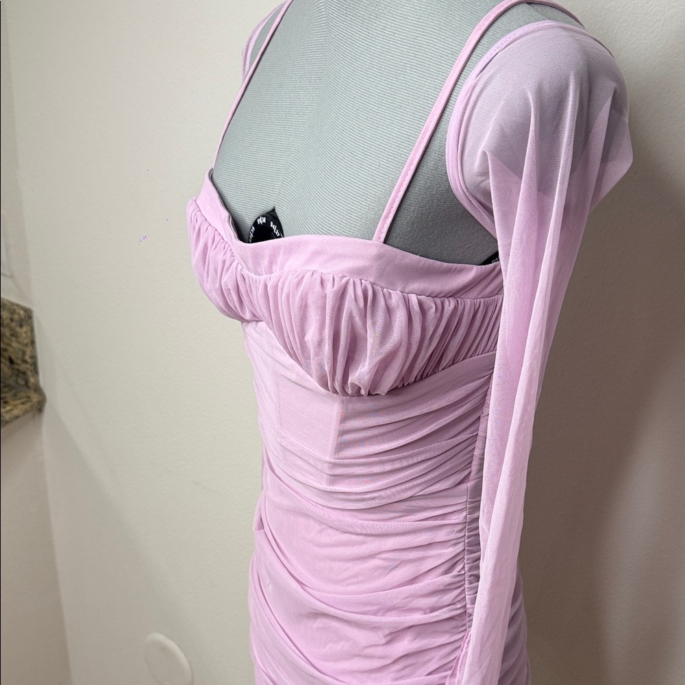 Oh Polly Pink Ruched Mesh Mini Dress Long Sleeve Bodycon Size 6 NWT - Picture 6 of 10